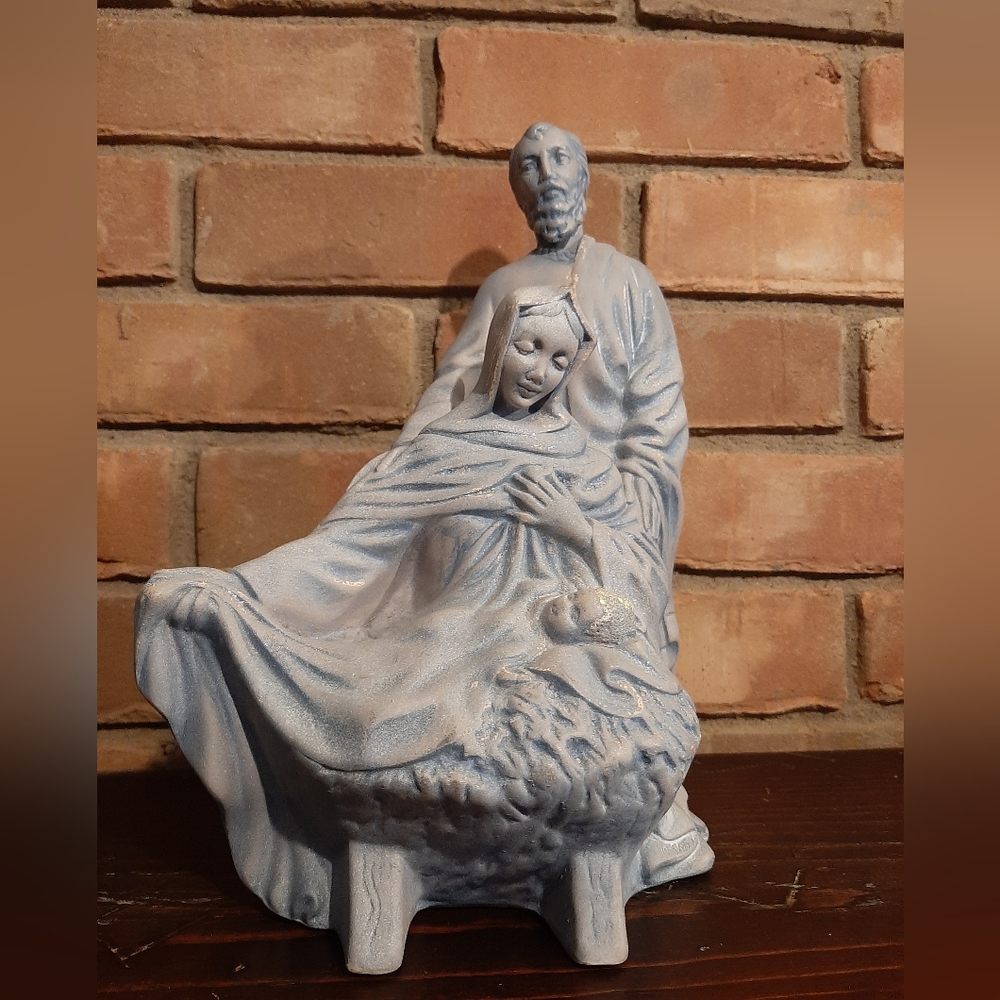 11" Holy Family Nativity, ceramic, slate blue gray
